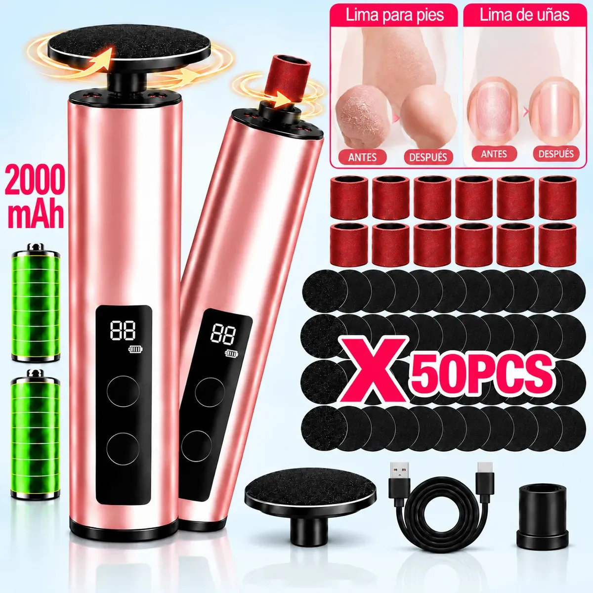XELVRA Removedor de Callos Eléctrico Recargable para Manos y Pies con 50 Repuestos, Lima Eléctrica Pedicure, Máquina Exfoliadora, Pulidor de Talones, Quita Callosidades y Piel Dura