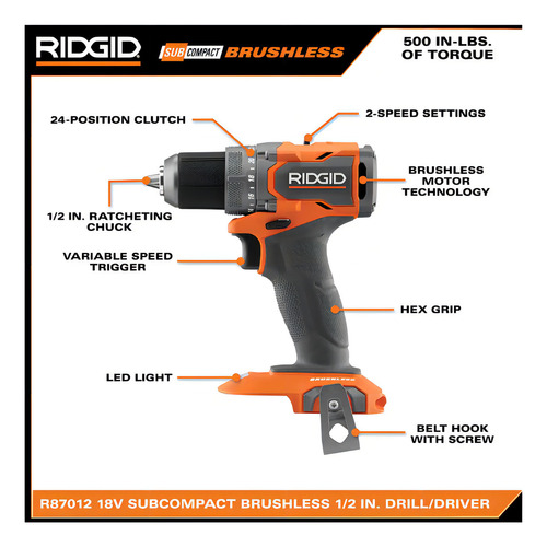 Taladro Inalambrico Ridgid 1/2 Brushless 2 Pilas subcompacto