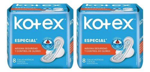 Kotex Especial Toallas Higenicas Con Alas X8u. Kit X2