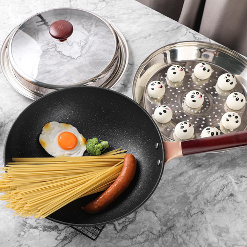 Wok Y Sartén Antiadherente Con Tapa De Vapor Grande Profundo