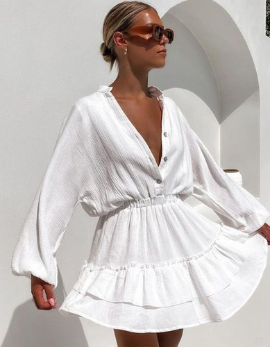 Mujer Vestido Manga Larga Camisa Suelta Ruffle Moda