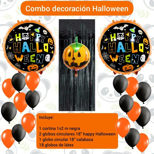 Combo Decoración Fiesta Halloween Globos Cortina Metalizada 