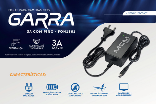 Fonte Mcm Garra 12v 3a Bivolt P/ Cftv, Led E Automação