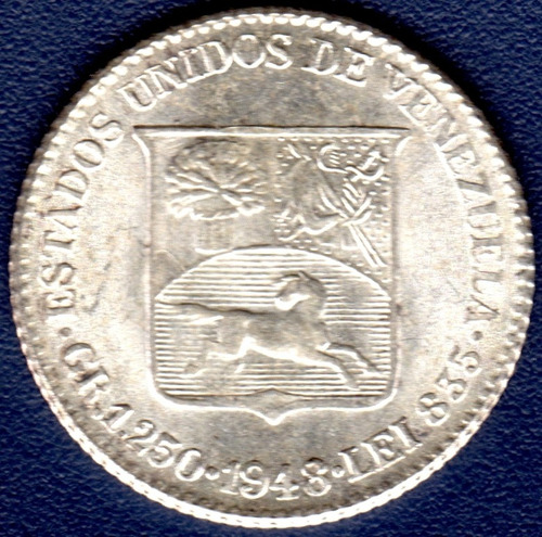 Moneda De Plata De 1/4 De Bolívar O 25 Céntimos De 1948