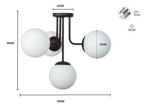 Araña Plafón Elyn Solar 4 Luces Cromo C/ Globo Opal Sat 15cm