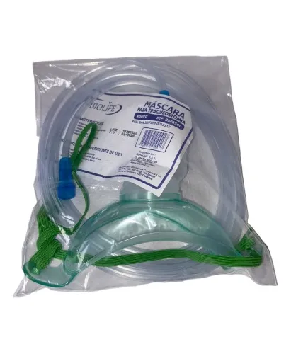MASCARA TRAQUEOSTOMIA ADULTO BIOLIFE  x 1 Máscara para traqueostomía de tamaño adulto, diseñada para la administración de oxígeno o aerosolterapia en pacientes traqueotomizados. Fabricada en PVC grado médico transparente, cuenta con conector 