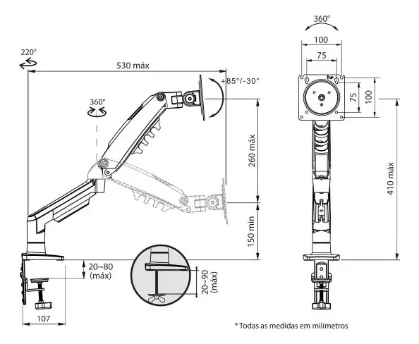 Suporte Articulado de Mesa F80N com Pistão a Gás para Monitores de 17'' a 35'' Ergonômico 10
