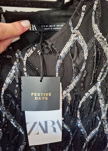 Vestido Zara M Negro Con Flecos De Lentejuelas Plata Fiesta