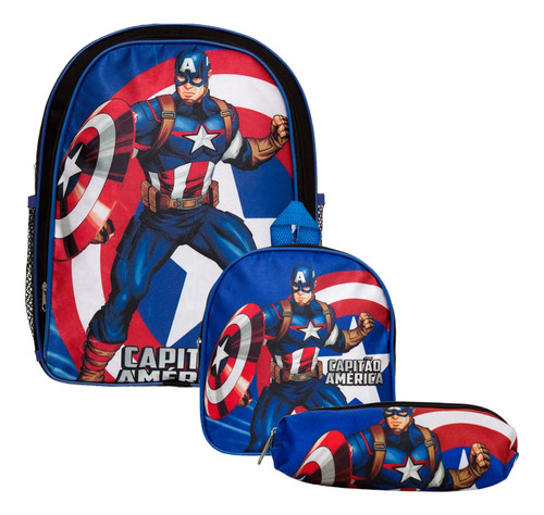 Mochila Escolar Menino Creche Capitão América Herói Marvel Cor Azul