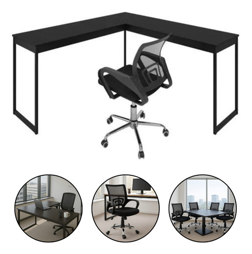 Kit Cadeira De Escritório Ajustável + Mesa Formato L Madeira