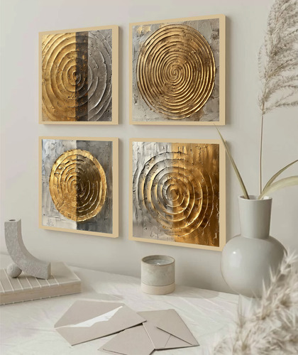 Kit 4 Quadros Decorativos Abstrato Dourado Formas Moldura