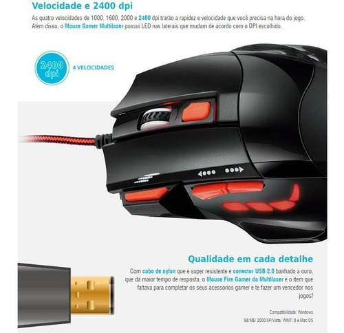 Kit 2 Mouse Gamer Multilaser 2400 Dpi Usb Mo236 + Nfe