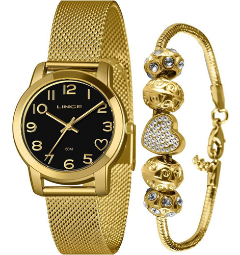 Relógio Feminino Dourado Preto Lince + Pulseira E Berloques