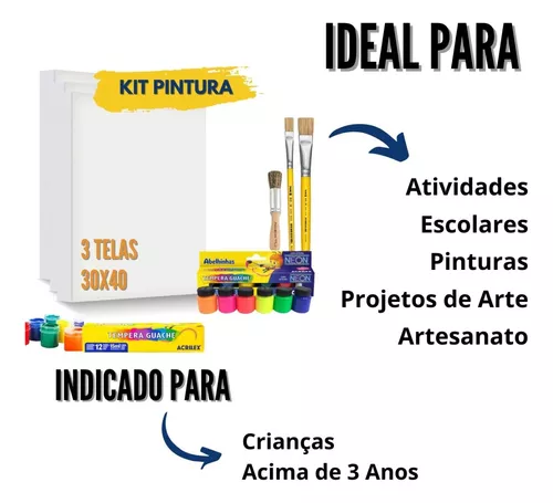 Presenteie seus filhos com nossos Kits de Telas de Pintura, completos com  tinta guache, pincel e manual de mistura de cores. Estimule a criatividade  e coordenação motora das crianças de maneira divertida