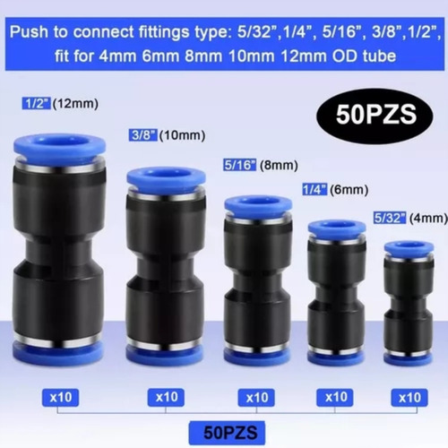 Hapemein® 50 Conectores De Empuje Rectos, 1/2, 3/8, 5/16, 1/4, 5/32