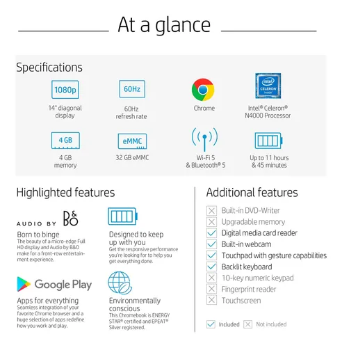 Laptop Hp Chromebook Fhd De 14 Pulgadas, Intel Celeron N4000
