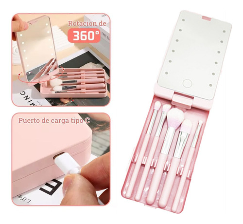 Espejo Maquillaje Led Rotación De 360°incluye Brochas Cosmé