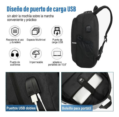 Mochila Laptop 15.6 Antirrobo Impermeable, Usb Audífonos