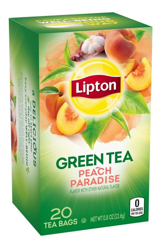 Imagen 1 de 3 de Te Verde Lipton Peach Paradise Durazno 20 Bolsitas Divino