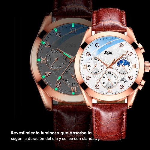 Reloj Cuero Cronometro Real Fechador Original Impermeable Color De La Correa Marrón/blanco