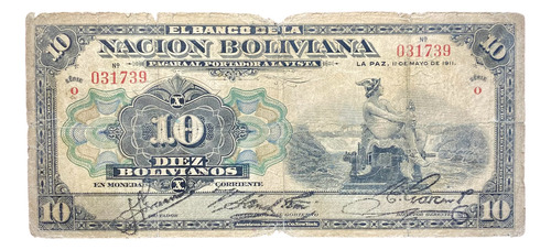 Billete 10 Bolivianos 1911 Bolivia Pick 107b.2 Sin Sello (Usado)