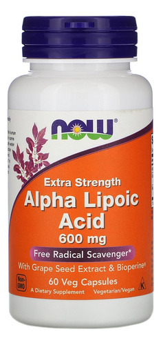 Ácido alfa lipoico, 600 mg, Now Foods, 60 cápsulas vegetarianas, sin sabor