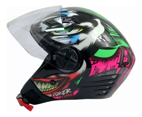 Capacete Aberto Moto Fw3 Xopen Joker Coringa Preto Brilhante