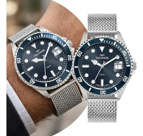 Relógio Technos Acqua Prata Masculino 2415DY/1A Prata e Azul-marinho com Caixa e Pulseira de Aço Inoxidável à Prova D` Água e Calendário Casual e Soci