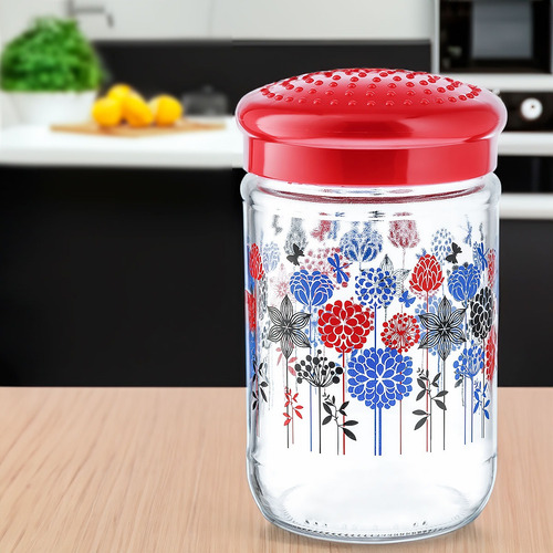 12 Frascos De Vidrio Brocal Rojo Decorado Con Tapa 600 Ml Color cristalino