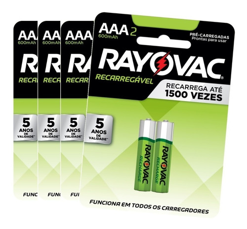 8 Pilhas Recarregável Econômica Rayovac Aaa 600 Mah