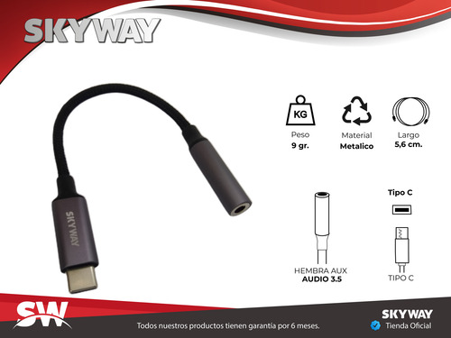 Cable Adaptador Tipo C A Mini Plug Aux Hembra 3.5mm Skyway