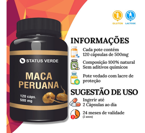 Maca Peruana 500mg 100% Pura 120 Cáps - Status Verde