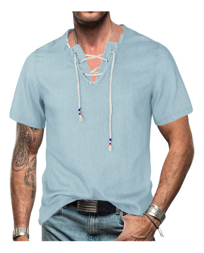 Camiseta De Mezclilla Henley Con Cuello En V Y Borlas Con Co