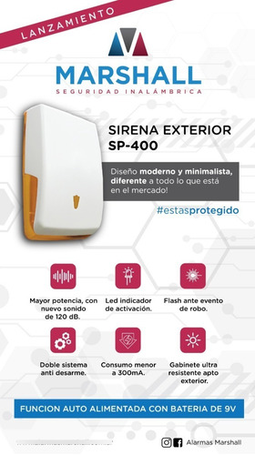 Imagen 2 de 4 de Sirena Exterior Marshall Sp400 Flash Led Antidesarme Sonido