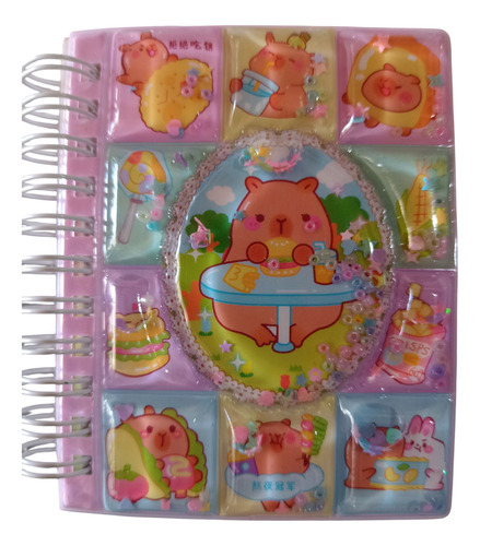 Libreta Capibara Tapa Con Agua Y Brillo Stickers Stickers Mesa
