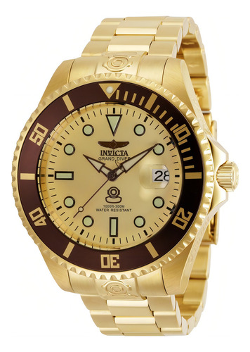 Invicta Grand Diver Automatico 35418 Gold Label 47 Mm Seiko Correia Dourado Bisel Marron Fundo Beje