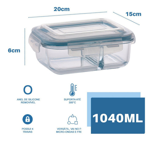 Kit 2 Potes 1040ml De Vidro Hermético Com Divisória Marmita Vidro