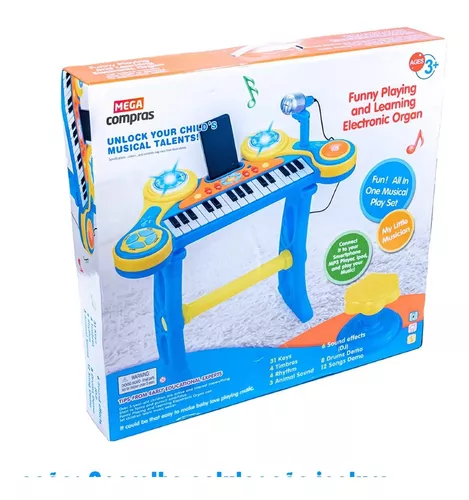 TECLADO PIANO INFANTIL MICROFONE BANQUINHO LUZ SOM - MC18059