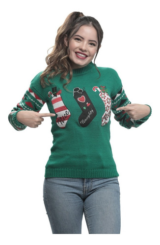 Imagen 1 de 1 de Suéter Ugly Sweater Verde Botas Navideñas Navideño Mujer