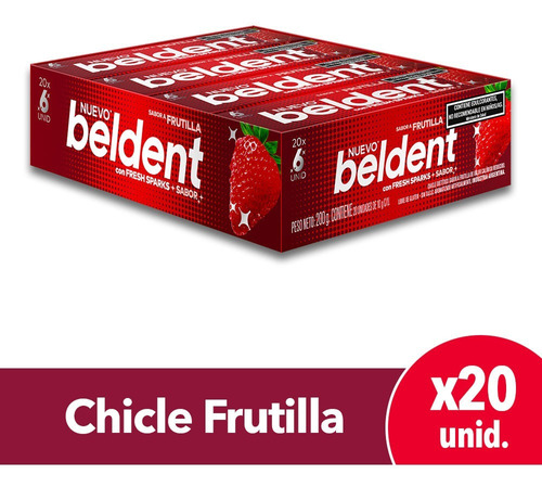 Chicles Beldent frutilla sin azúcar sin tacc caja 20 unidades