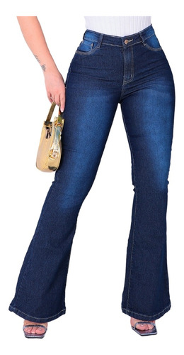 Calça Flare Jeans Feminina Cintura Alta Com Elastano Escura
