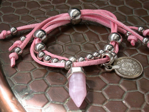 Pulsera O Tobillera Luli Cuero Cuarzo Rosa  Metal Moneda