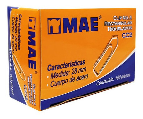 Clip Rectangular Mae Cc2 Caja C/100 Pzs Niquelado No.2