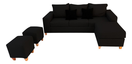 Sillon Esquinero Ambar Con Dos Puff 3 Cuerpos Pana Premium Color Negro