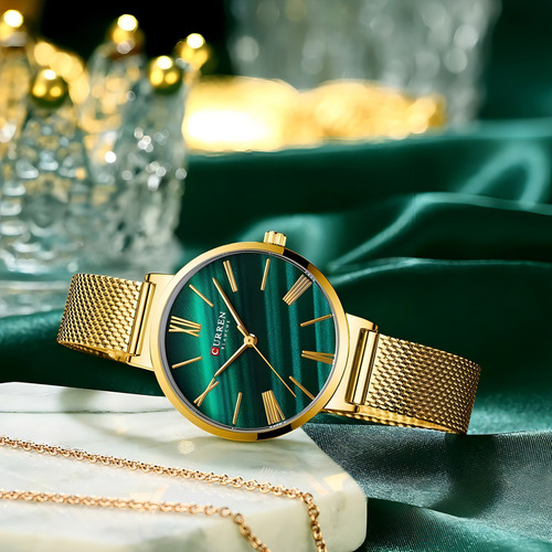 Reloj Casual De Cuarzo Impermeable Con Cinturón De Malla Cur Color De La Correa Dorado/verde