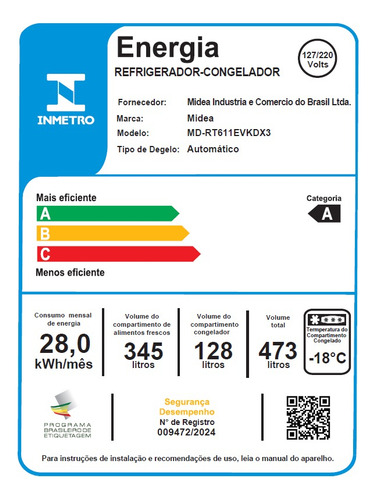 Geladeira Frost Free Duplex 473l Inverter Cor Preto Midea