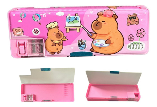 Lapicera Rígida Cartuchera Con Sacapuntas Capibara Stitch Lapicera Capi Rosa