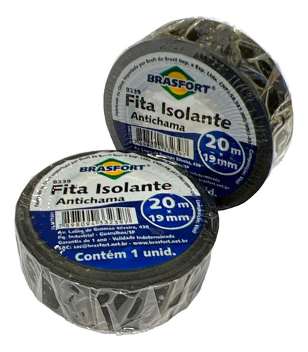 Fita Isolante Brasfort 20m Preta Antichama - 8239 - Kit C/10