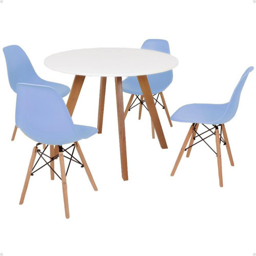 Mesa Inês 100cm Branca + 4 Cadeiras Eames Eiffel Cor Azul-claro