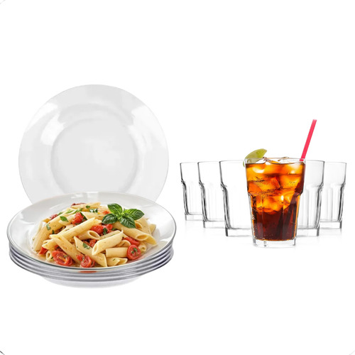 Kit 6 Pratos E 6 Copos Conjunto Vidro Bar Restaurante Buffet
